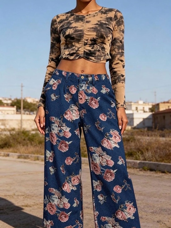 Pants - Wide Leg Floral Pants in Navy with Pink Roses